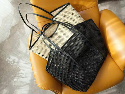 Open Mesh Straw Tote Bag – Faux Leather Trim Large Market Shopper – Two Tone Minimal Summer Handbag