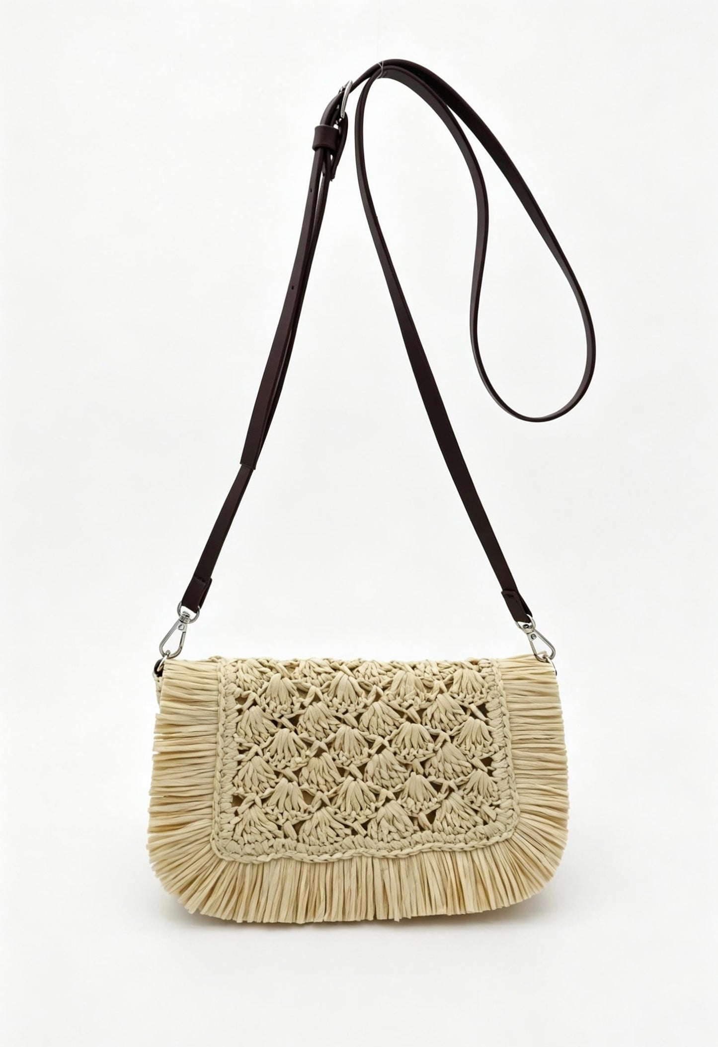 Fringe Straw Crossbody Clutch – Textured Woven Flap Purse – 3 Color Boho Shoulder Handbag