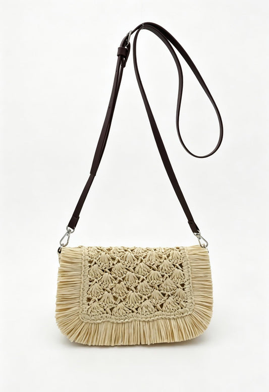 Fringe Straw Crossbody Clutch - Brown - Brown