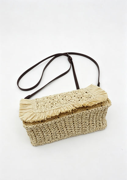 Fringe Straw Crossbody Clutch – Textured Woven Flap Purse – 3 Color Boho Shoulder Handbag