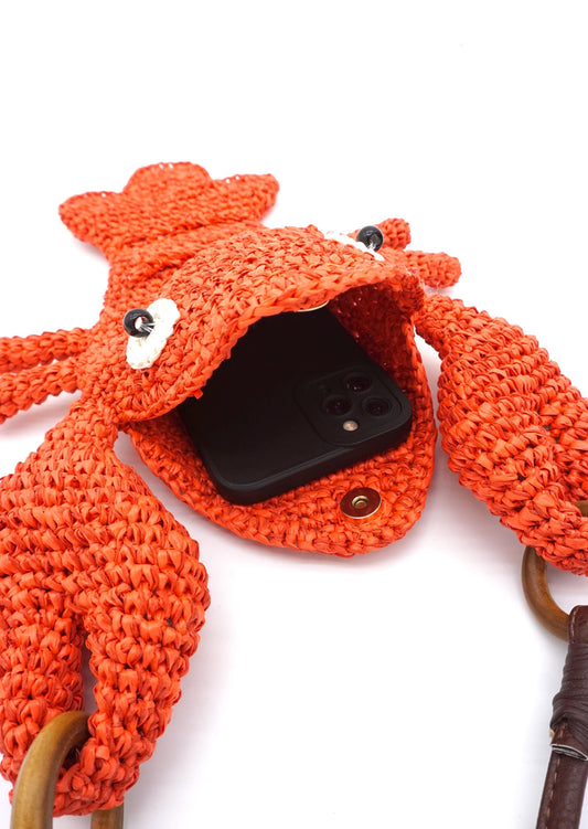 Hand-Crocheted Crab Straw Crossbody Bag – Woven Ocean Animal Purse with Faux Leather Strap