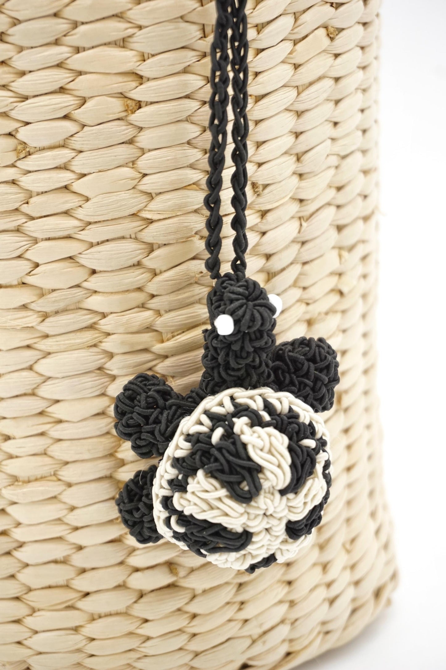 Hand-Crocheted Turtle Bag Charm – Black White Tortoise Keychain, Natural Paper Cord Accessory