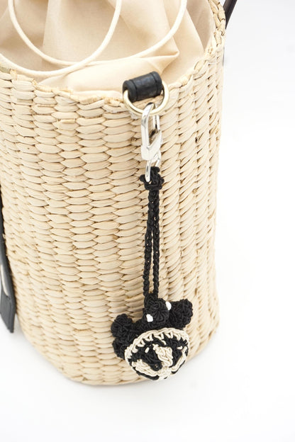 Hand-Crocheted Turtle Bag Charm – Black White Tortoise Keychain, Natural Paper Cord Accessory