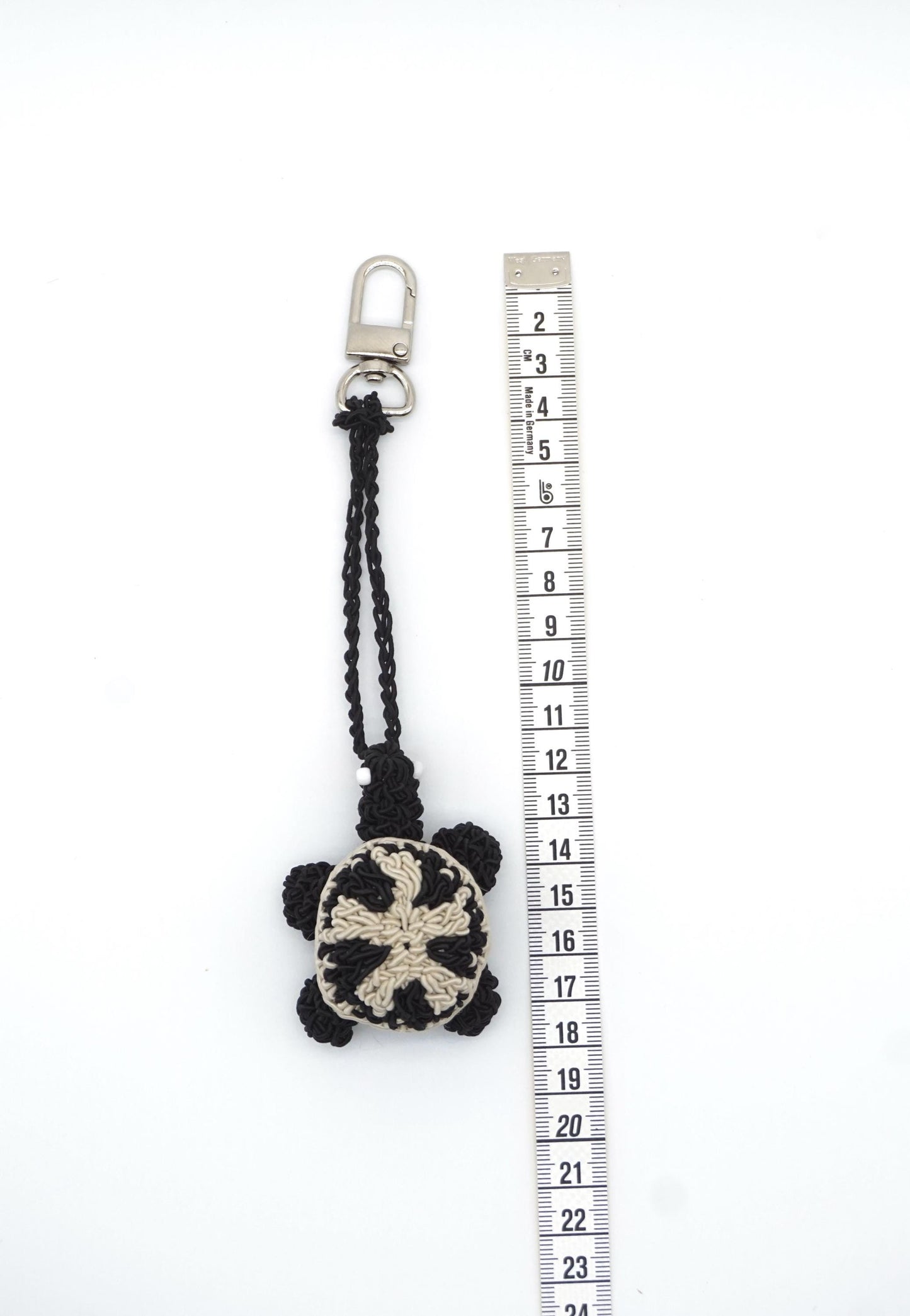 Hand-Crocheted Turtle Bag Charm – Black White Tortoise Keychain, Natural Paper Cord Accessory