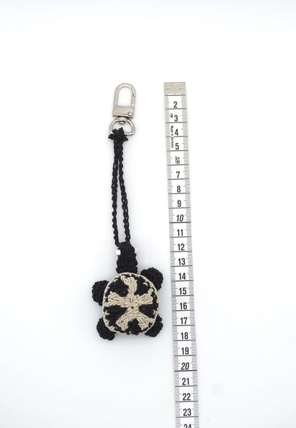 Hand-Crocheted Turtle Bag Charm – Black White Tortoise Keychain, Natural Paper Cord Accessory
