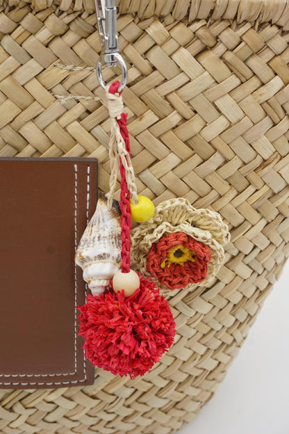Raffia Flower Pom Pom Charm – Conch Shell Tassel Keychain – Boho Coastal Accessory
