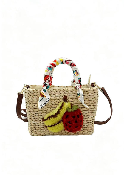 Handwoven Corn Husk Tote Bag – 3D Tufted Fruit Summer Beach Purse