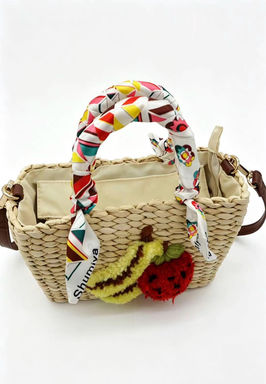 Handwoven Corn Husk Tote Bag – 3D Tufted Fruit Summer Beach Purse