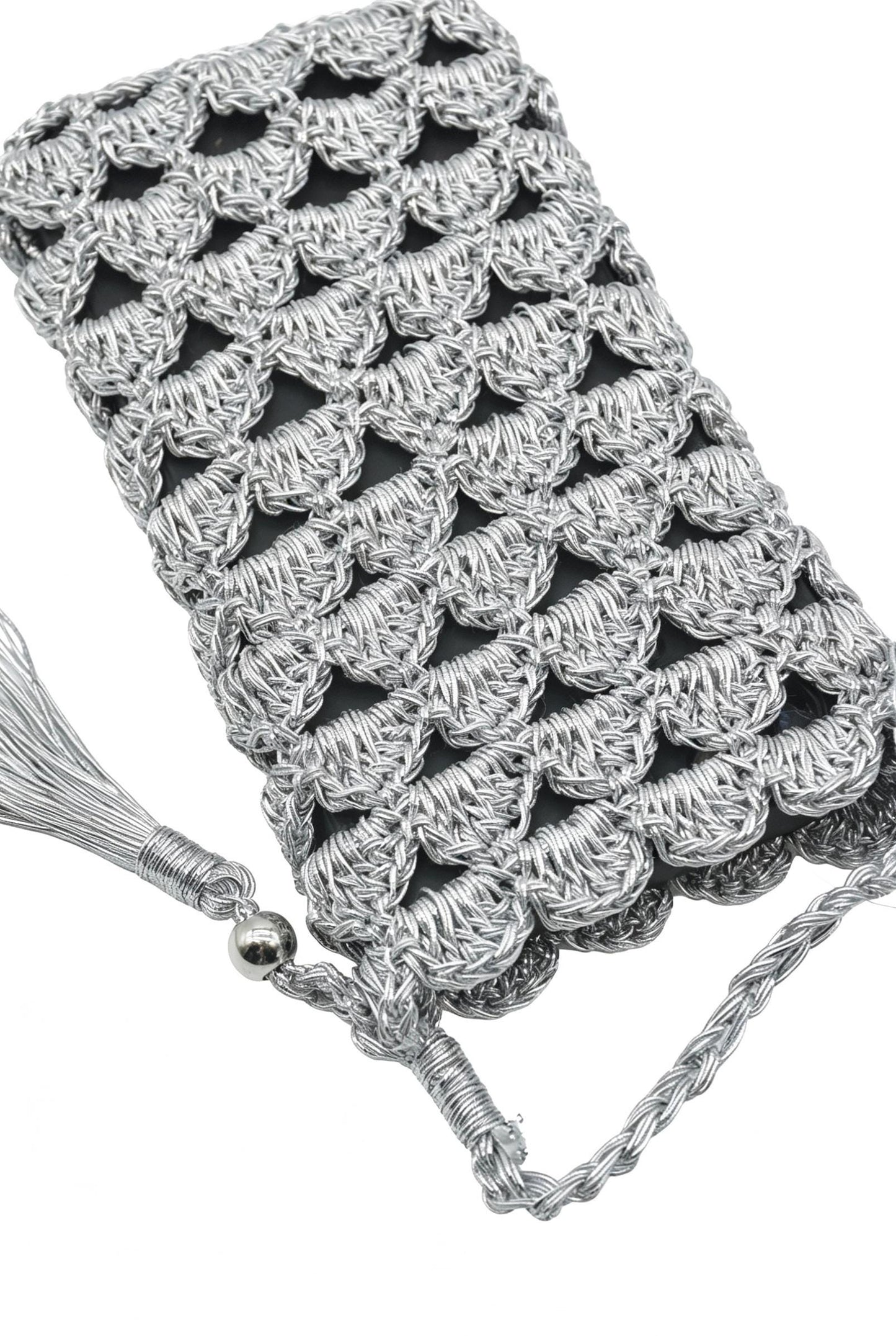Crochet Raffia  Silver Metallic Cell Phone Crossbody Bag