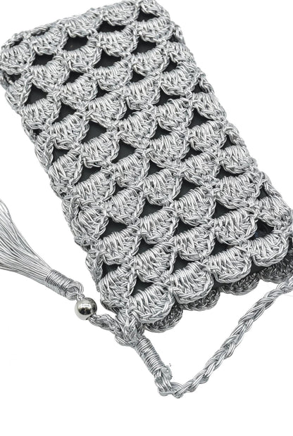Crochet Raffia  Silver Metallic Cell Phone Crossbody Bag