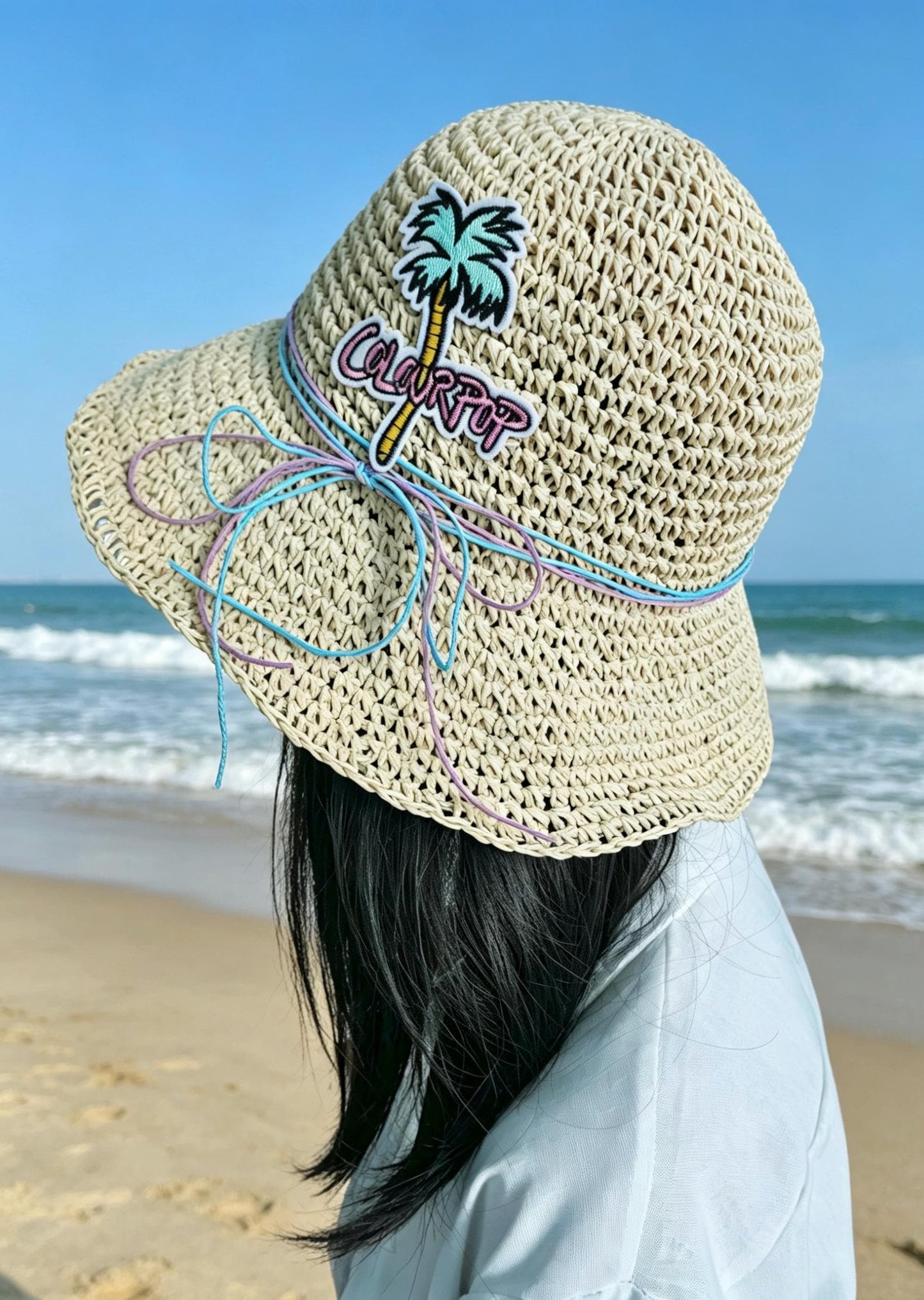 Crochet Raffia Bucket Hat – Palm Tree Patch, Multicolor Bow, Wide Brim Beach Sun Hat