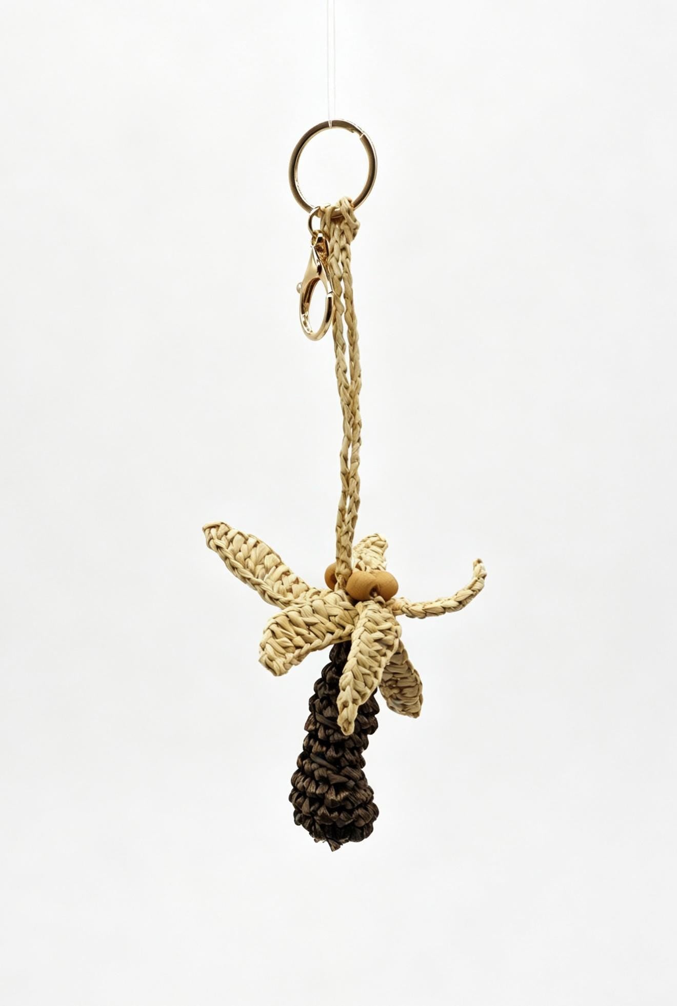 Handmade Raffia Dragonfly Bag Charm – Wooden Bead Insect Keychain, Boho Accessory