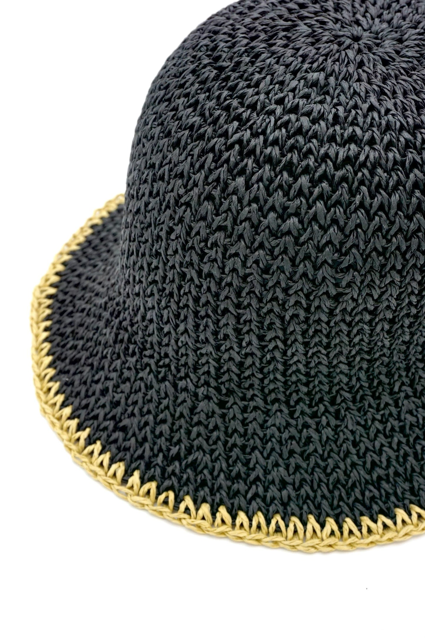 Black Raffia Bucket Hat with Gold Trim: Crochet Wide Brim Sun Hat for Summer