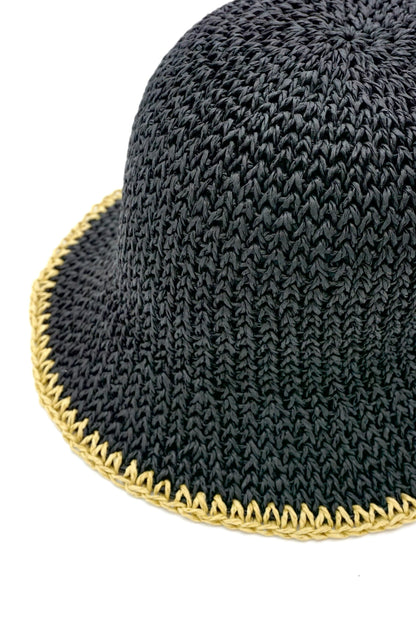 Black Raffia Bucket Hat with Gold Trim: Crochet Wide Brim Sun Hat for Summer