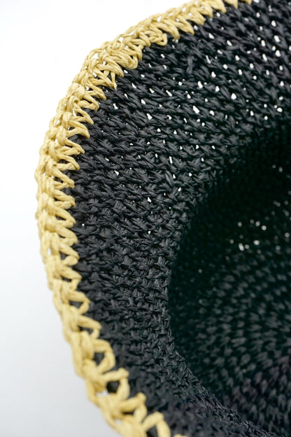 Black Raffia Bucket Hat with Gold Trim: Crochet Wide Brim Sun Hat for Summer