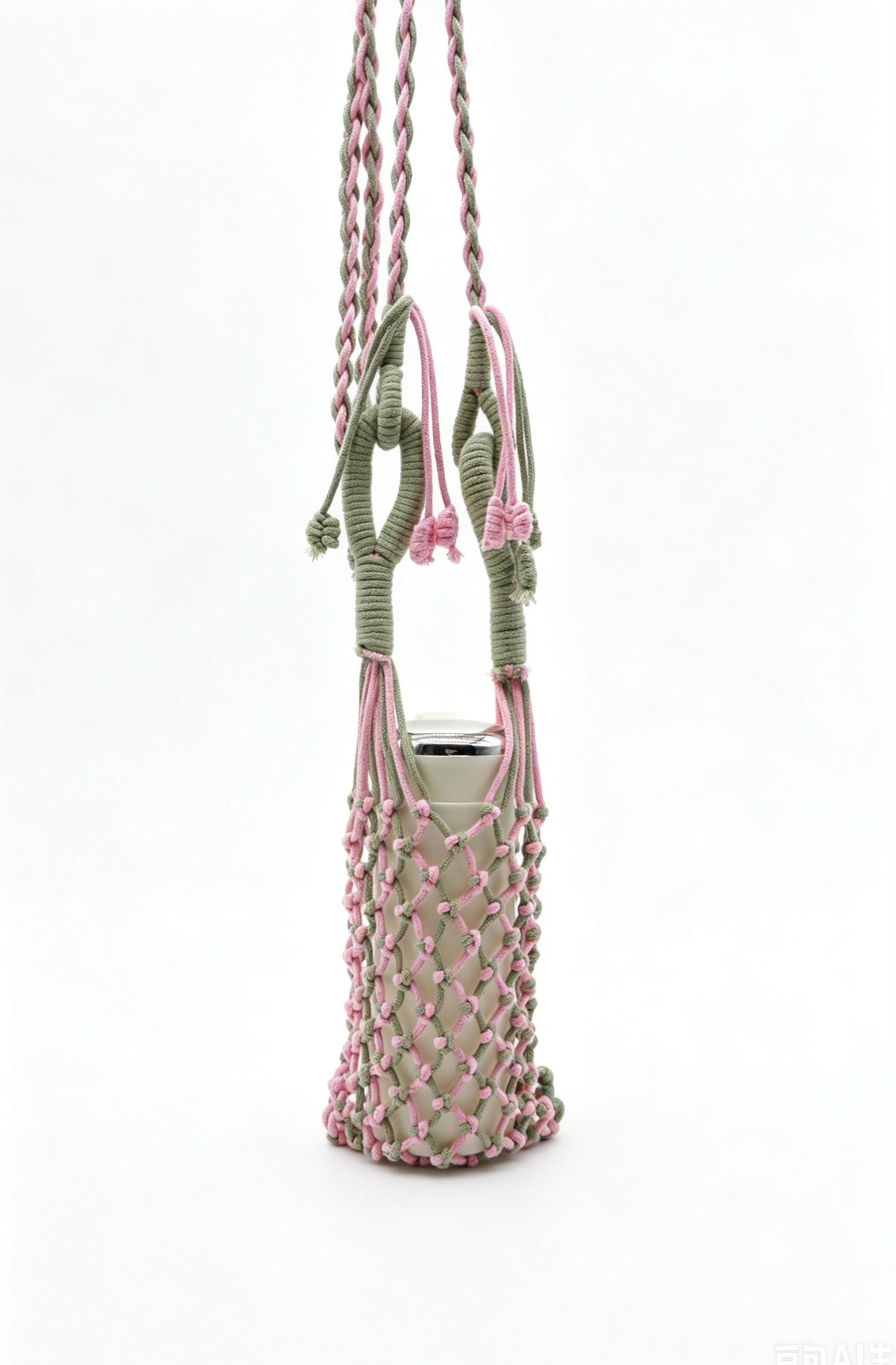 Two-Tone Sage Pink Macrame Phone Sling: Boho Crossbody Water Bottle Holder