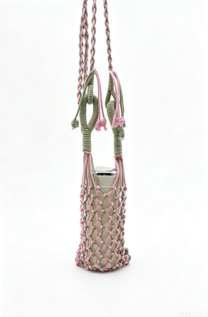 Two-Tone Sage Pink Macrame Phone Sling: Boho Crossbody Water Bottle Holder