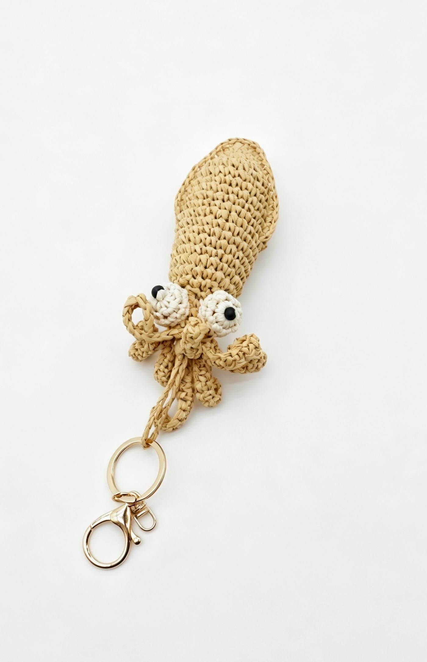 Crochet Raffia  Squid Charm – Crochet Mini Cephalopod Keychain, Coastal Ocean Accessory
