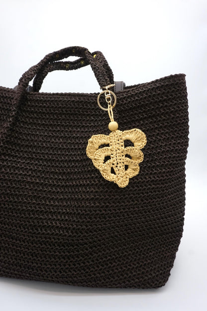Crochet Raffia  Leaf Bag Charm – Woven Floral Keychain, Wood Bead Boho Pendant Accessory
