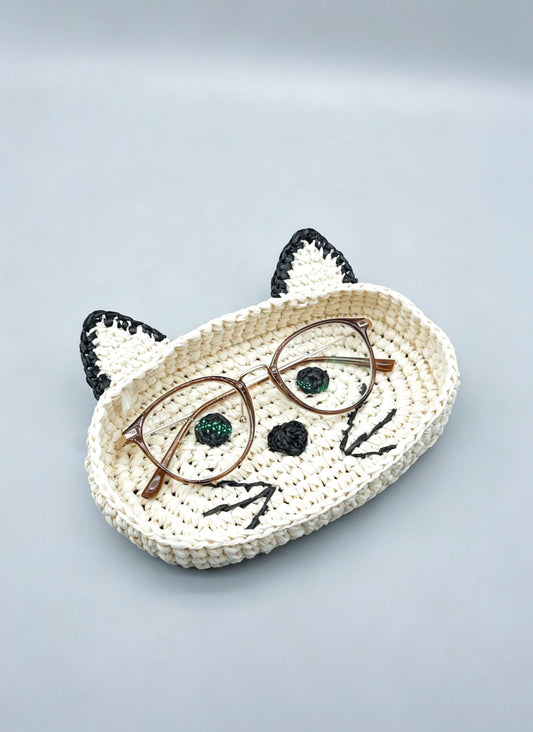 Crochet Raffia Cat Face Tray - Woven Eyeglass Holder - Black