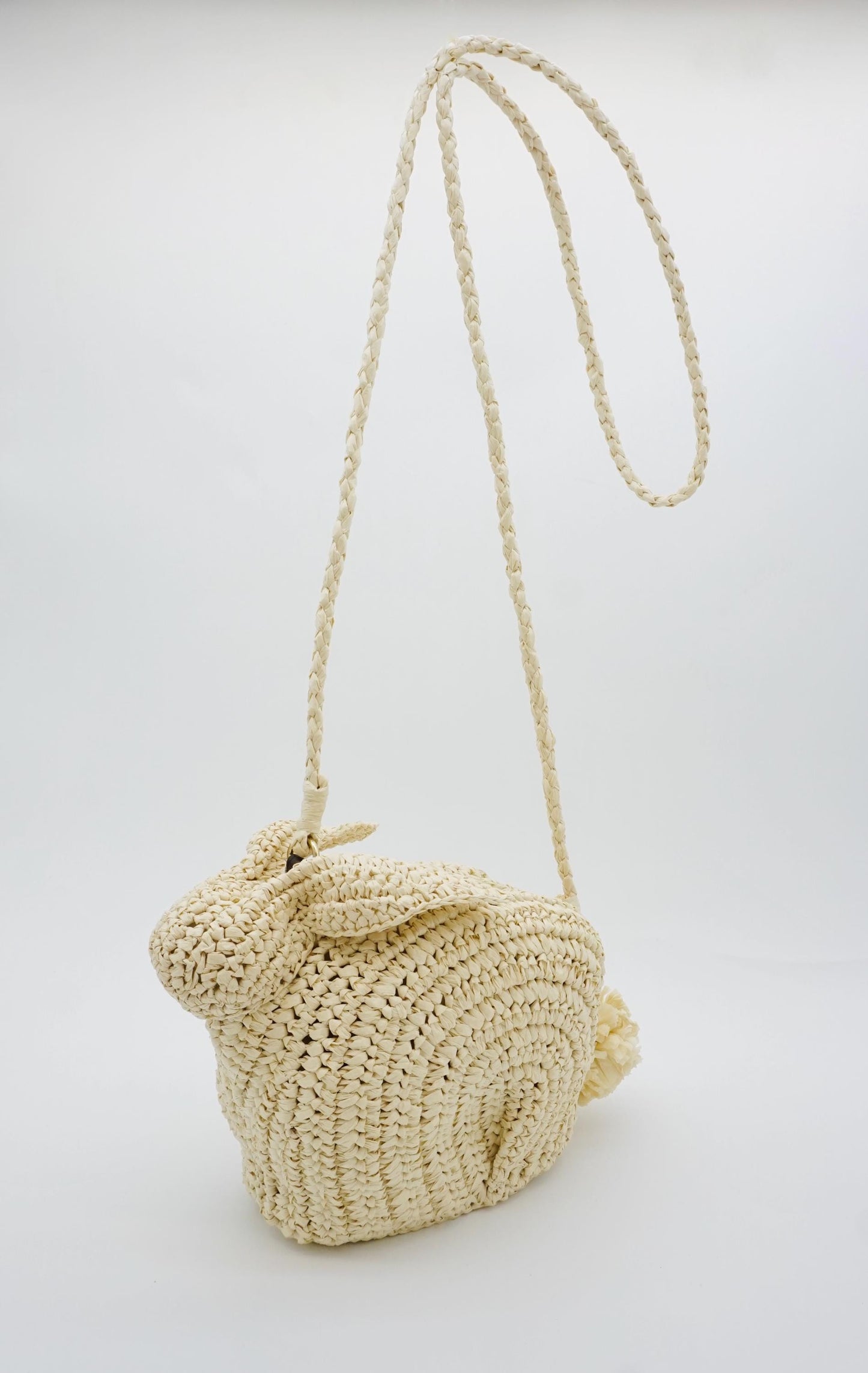 Handmade Raffia Bunny Bag – Woven Rabbit Straw Purse with Pom Pom Tail