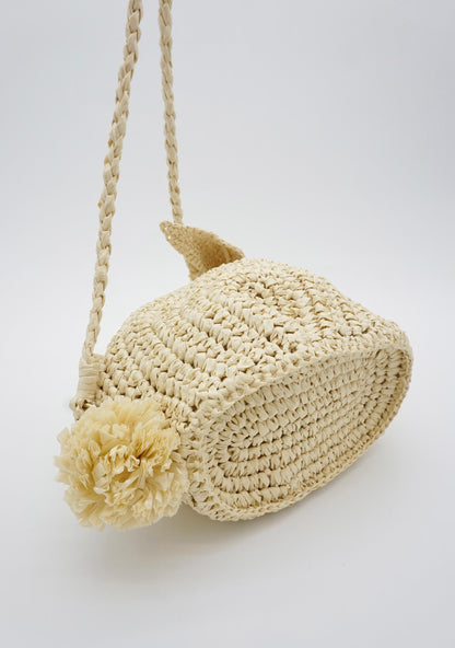 Handmade Raffia Bunny Bag – Woven Rabbit Straw Purse with Pom Pom Tail