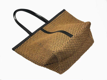 Hand-Woven Raffia Tote Bag – Minimalist Boho Straw Shoulder Bag, Faux Leather Handles