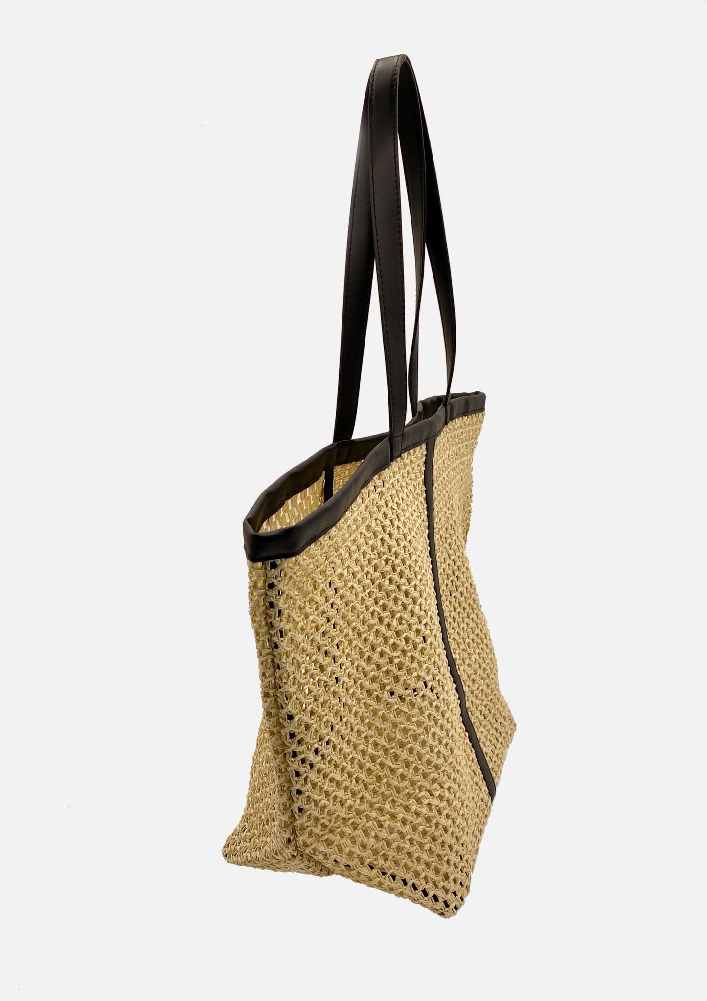 Hand-Woven Raffia Tote Bag – Minimalist Boho Straw Shoulder Bag, Faux Leather Handles