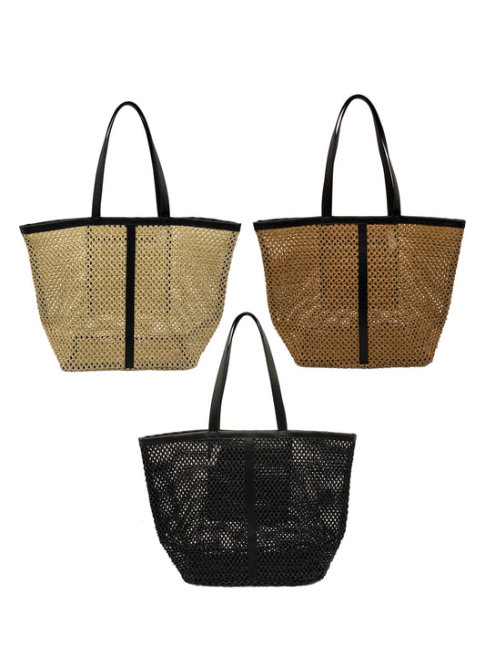 Hand-Woven Raffia Tote Bag – Minimalist Boho Straw Shoulder Bag, Faux Leather Handles