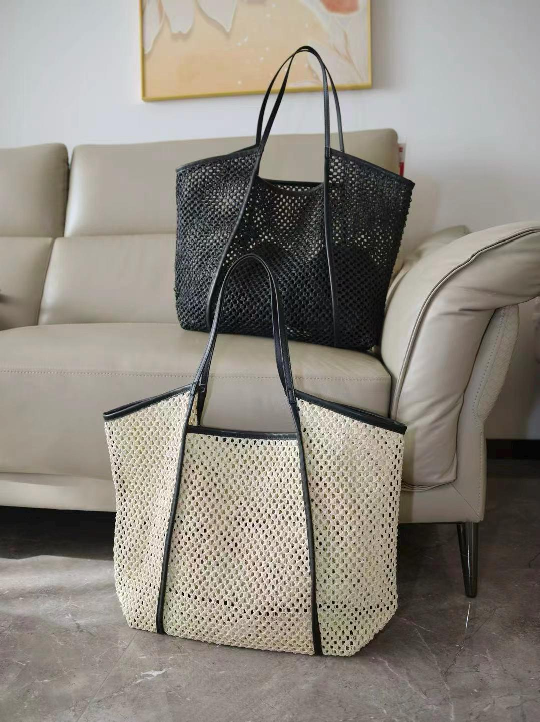 Open Mesh Straw Tote Bag – Faux Leather Trim Large Market Shopper – Two Tone Minimal Summer Handbag