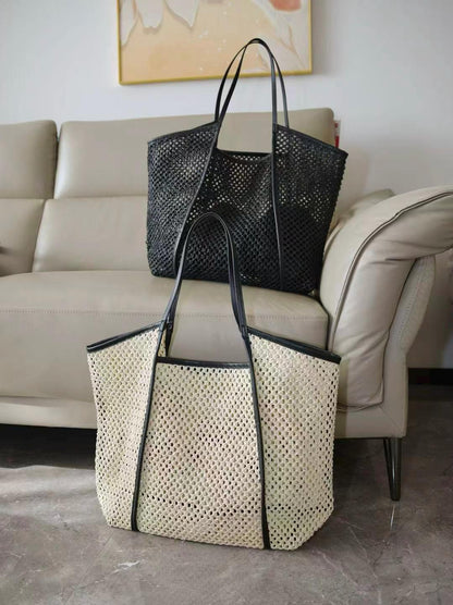 Open Mesh Straw Tote Bag – Faux Leather Trim Large Market Shopper – Two Tone Minimal Summer Handbag