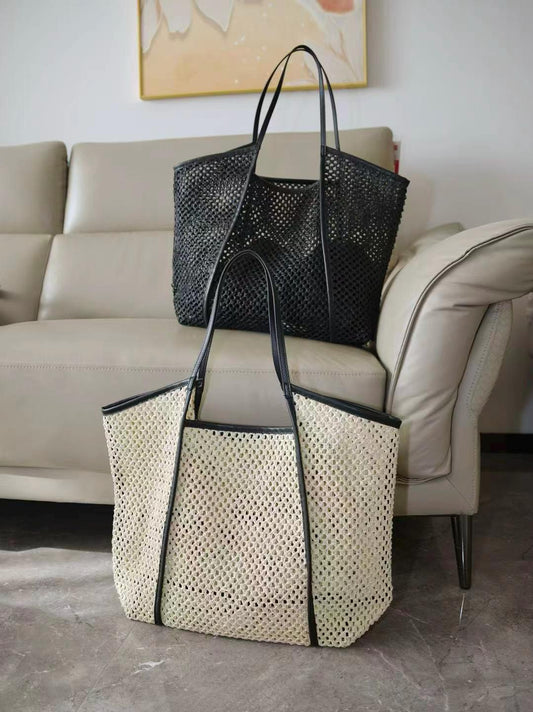 Open Mesh Straw Tote Bag – Faux Leather Trim Large Market Shopper – Two Tone Minimal Summer Handbag