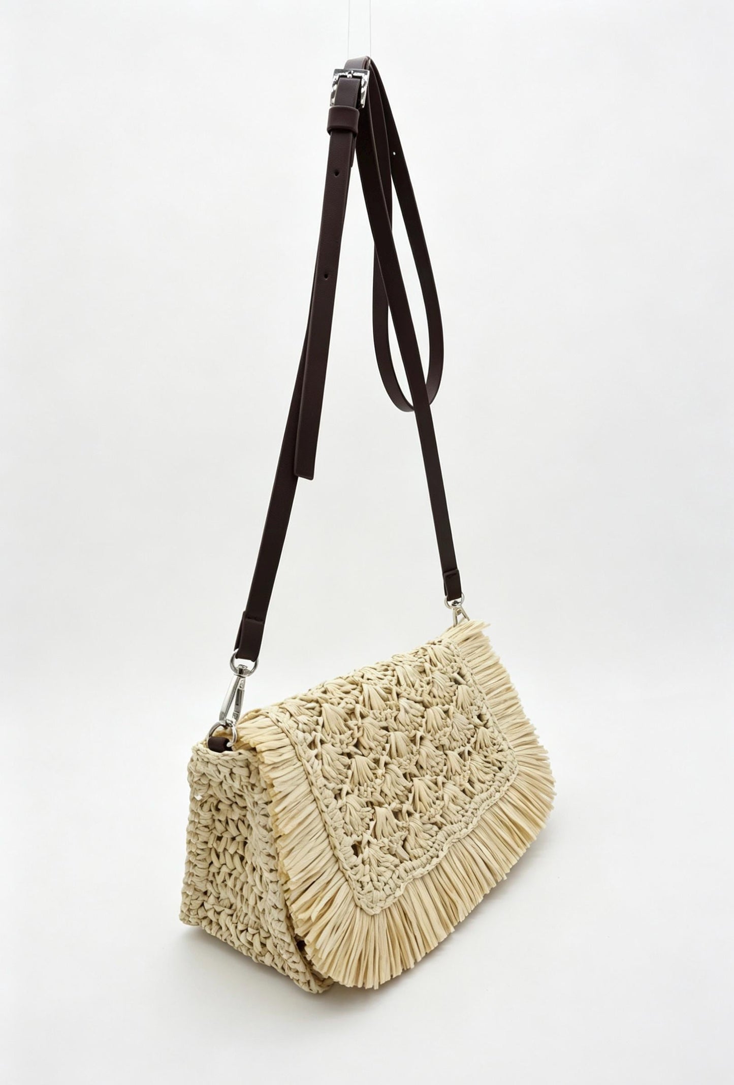 Fringe Straw Crossbody Clutch – Textured Woven Flap Purse – 3 Color Boho Shoulder Handbag