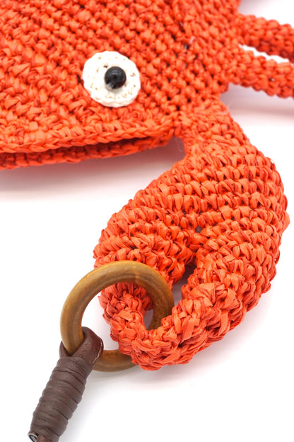 Hand-Crocheted Crab Straw Crossbody Bag – Woven Ocean Animal Purse with Faux Leather Strap