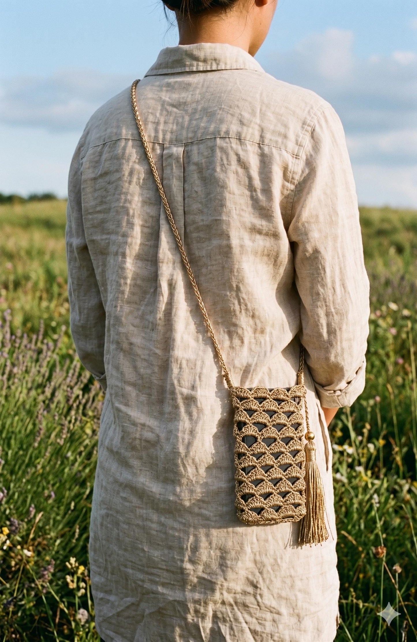 Raffia Phone Bag: Gold Metallic Woven Tassel Crossbody Bag