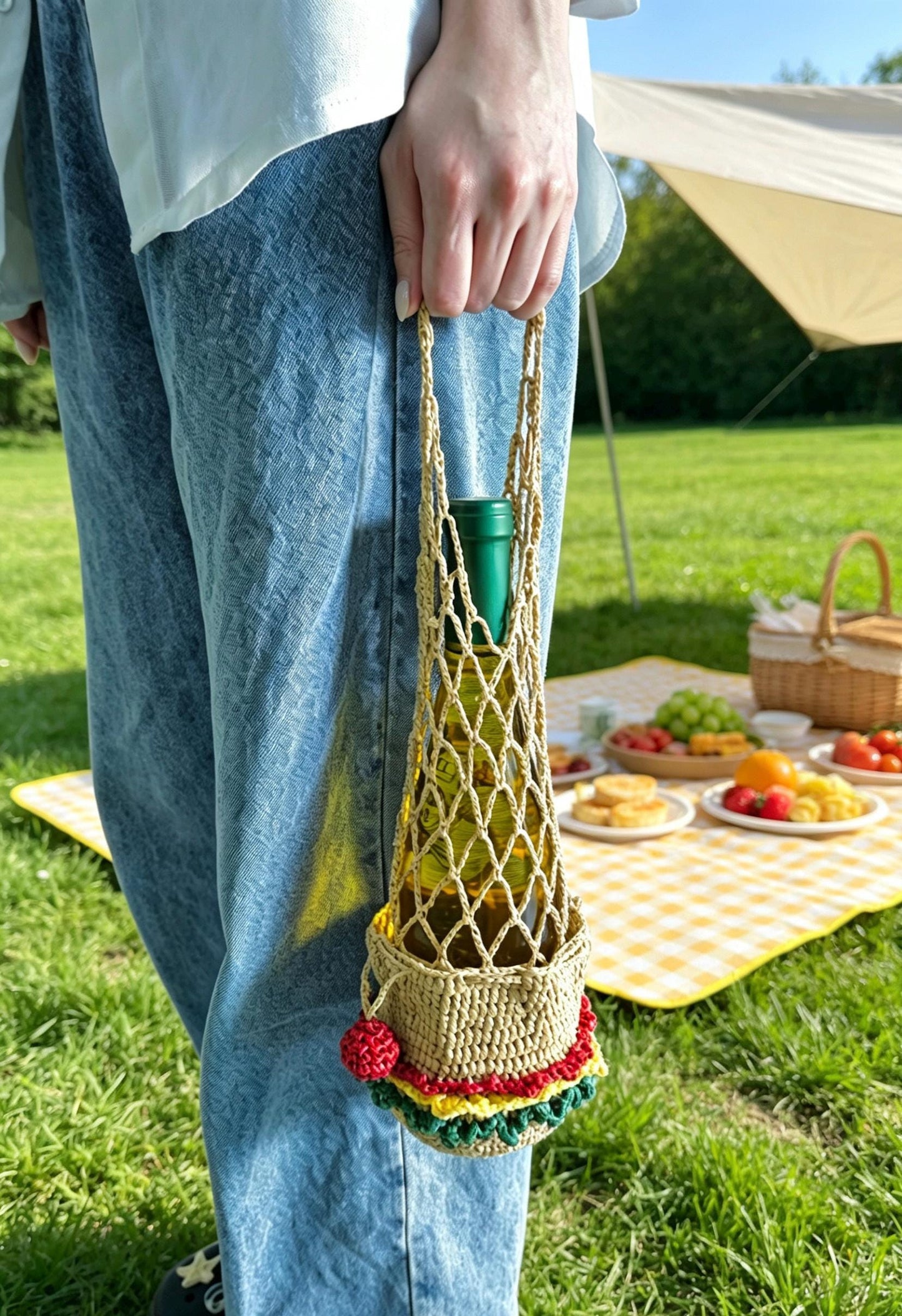 Raffia Wine Tote Bag: Hand Crochet Drawstring Mini Pouch