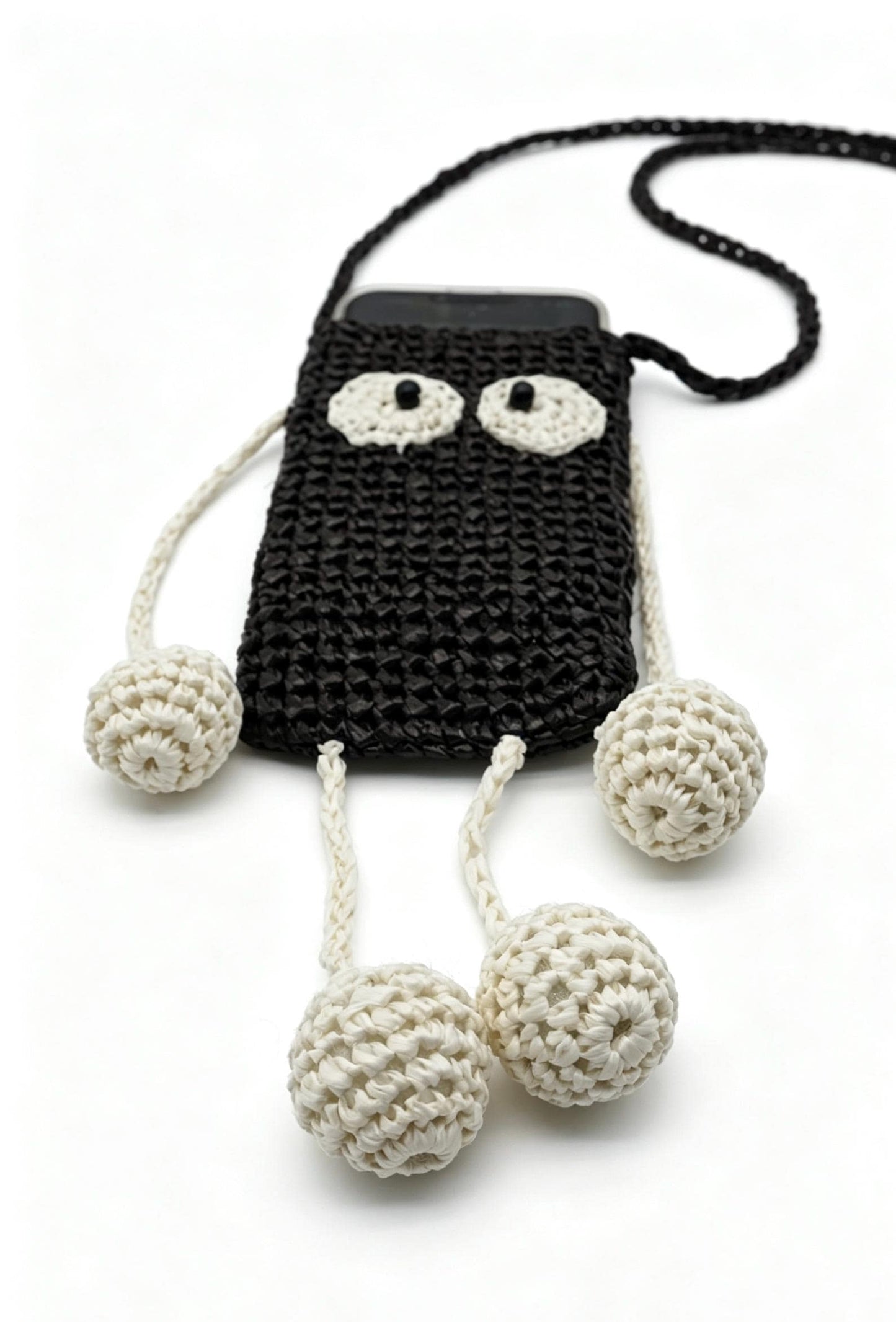 Crochet Soot Sprite Raffia Phone Bag, Anime Woven Crossbody Pouch, Kawaii Shoulder Bag