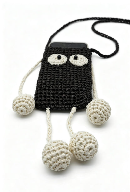 Crochet Soot Sprite Raffia Phone Bag, Anime Woven Crossbody Pouch, Kawaii Shoulder Bag