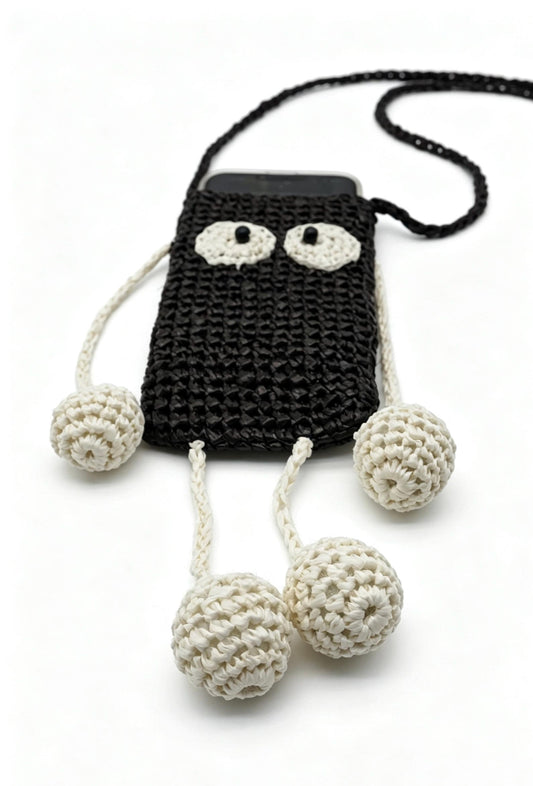 Crochet Soot Sprite Raffia Phone Bag, Anime Woven Crossbody Pouch, Kawaii Shoulder Bag