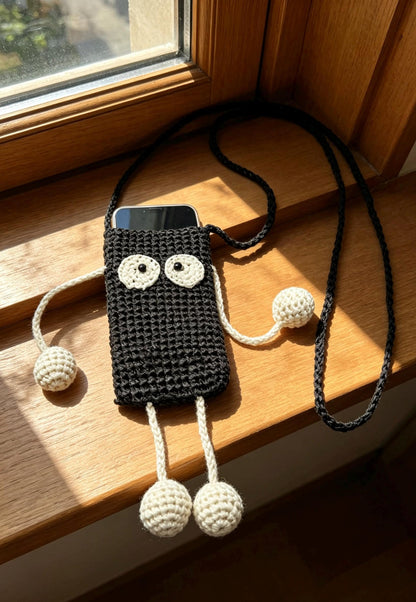 Crochet Soot Sprite Raffia Phone Bag, Anime Woven Crossbody Pouch, Kawaii Shoulder Bag
