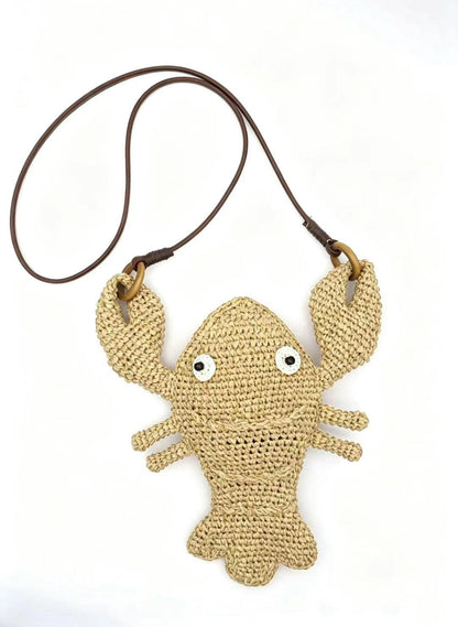 Hand-Crocheted Crab Straw Crossbody Bag – Woven Ocean Animal Purse with Faux Leather Strap