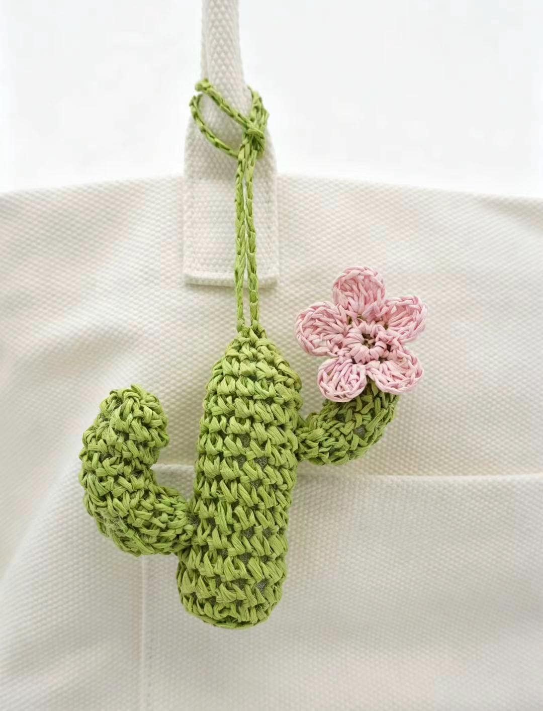 Blush Pink Flower Cactus Bag Charm: Hand Crochet Cotton Keychain