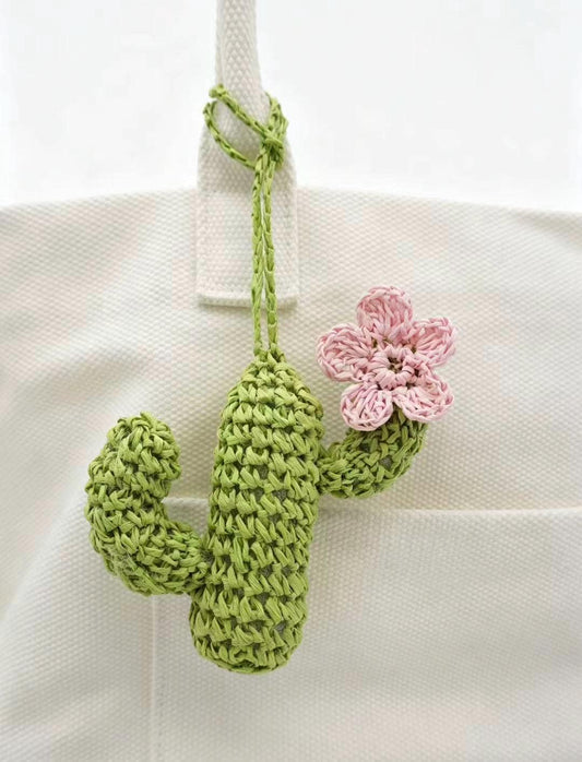 Blush Pink Flower Cactus Bag Charm: Hand Crochet Cotton Keychain