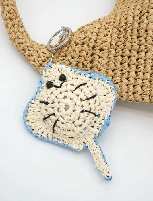 Celestial Blue Crochet Stingray Keychain & Handmade Raffia Bag Charm
