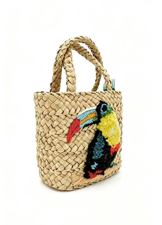 Handwoven Green Straw Tote Bag with 3D Tufted "Big Bird"