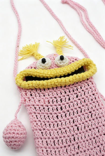 Crocheted Monster Phone Bag, Cotton Yarn Sling Purse, Kawaii Shoulder Bag