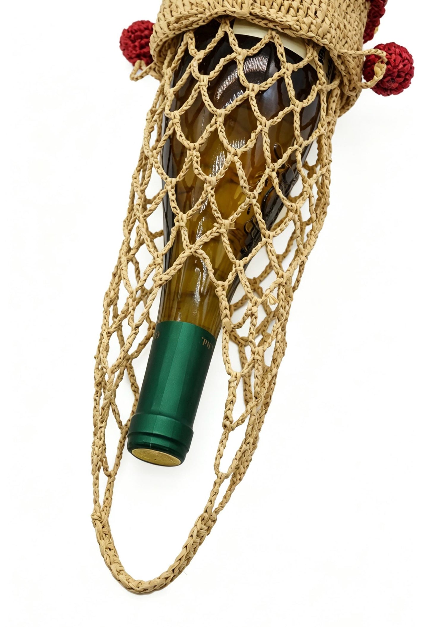 Raffia Wine Tote Bag: Hand Crochet Drawstring Mini Pouch