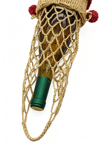 Raffia Wine Tote Bag: Hand Crochet Drawstring Mini Pouch