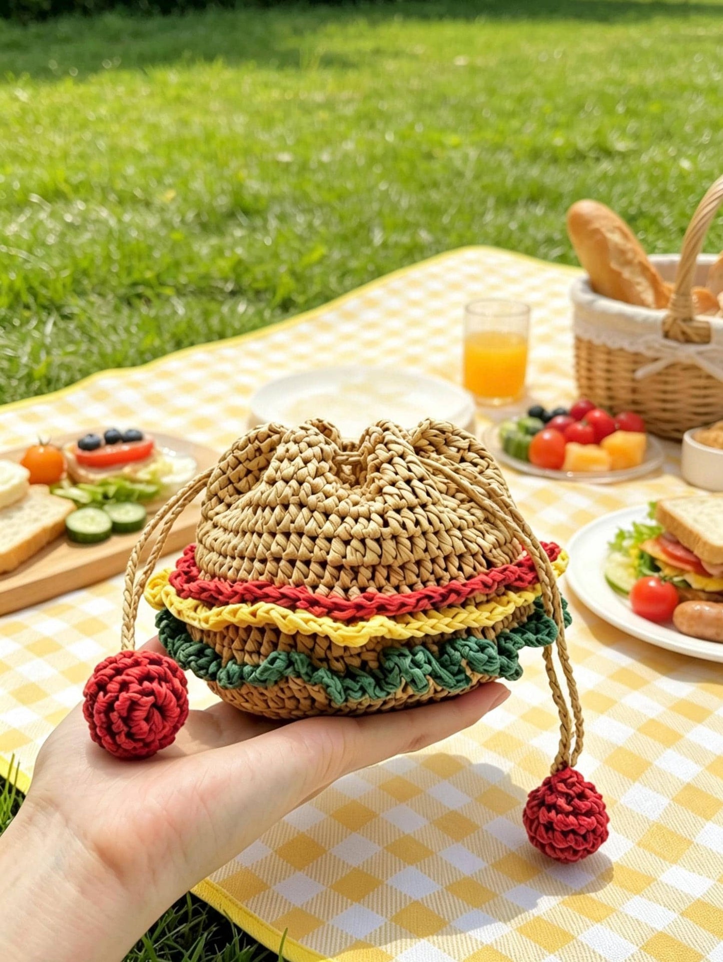 Raffia Wine Tote Bag: Hand Crochet Drawstring Mini Pouch