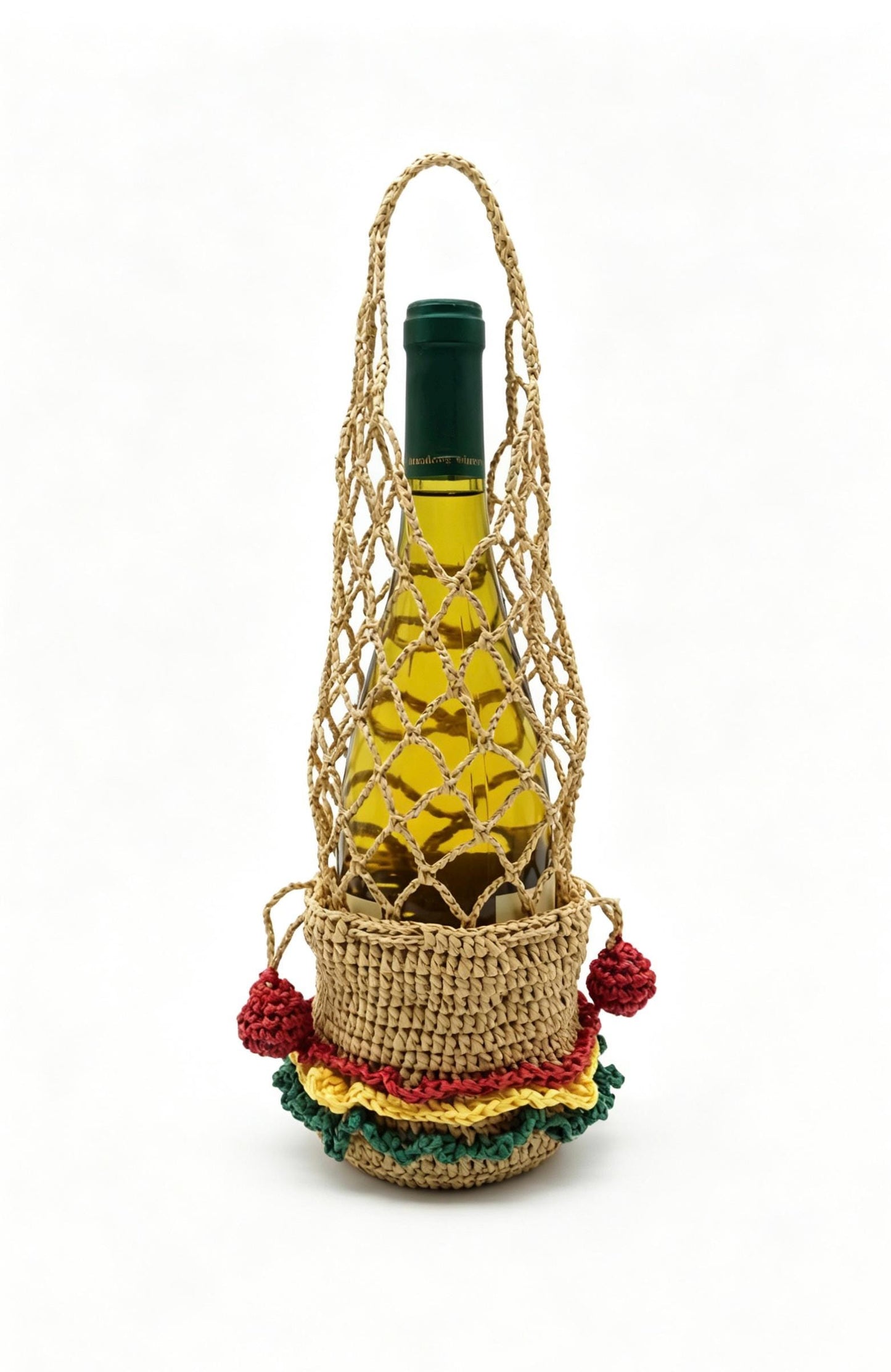 Raffia Wine Tote Bag: Hand Crochet Drawstring Mini Pouch